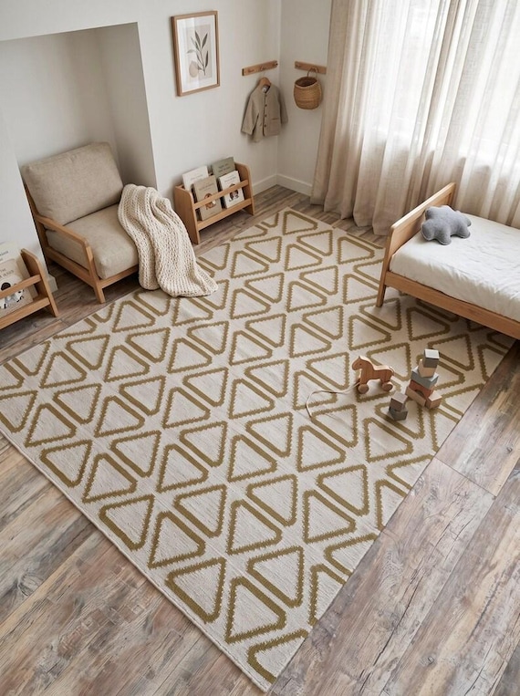 Geometric Triangle Flatweave Area Rug | Olive Green & Cream Kilim Carpet | Minimalist Boho Nursery Decor | Scandinavian Woven Floor Mat