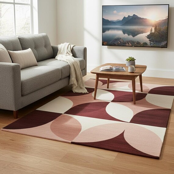 Mid-Century Modern Area Rug: Burgundy, Blush & Cream Geometric Carpet Teppich