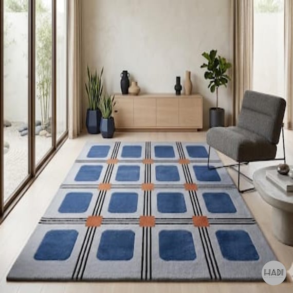 8x10ft Modern Geometric Area Rug Blue & Terracotta | Hand Tufted Wool Rug | Minimalist Grid Pattern Carpet | Living Room Bedroom Decor 9x12