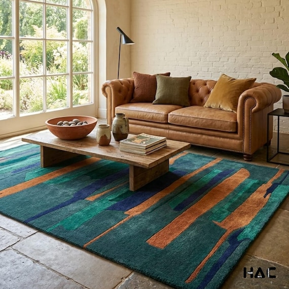 8x10ft Abstract Area Rug Teal & Orange | Artisanal Hand Tufted Wool Rug | Deep Texture Geometric Modern Living Room Carpet 9x12ft Area Rug