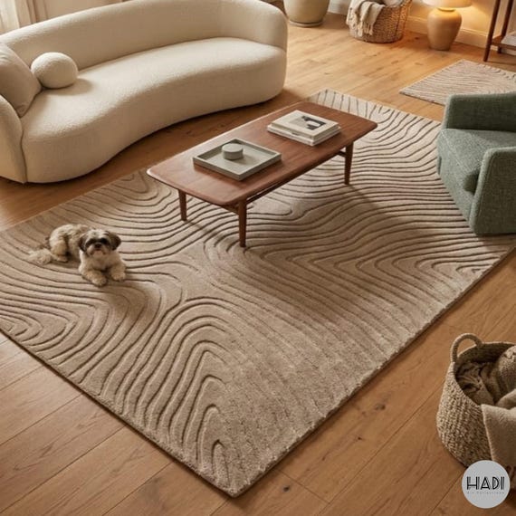 Modern Neutral Beige Area Rug, 9x12ft Hand Tufted Textured Rug, Minimalist Living Room Carpet, Sculpted Pattern Rug, Luxury Soft Floor Rug
