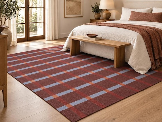 Rust Red Plaid Flatweave Area Rug | Orange Checkered Kilim Carpet | Slate Blue Accent Floor Mat | Mid Century Modern Living Room Decor