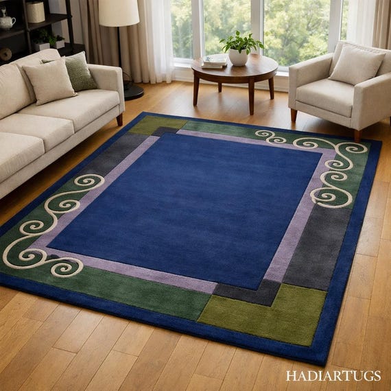 Handmade Hand-Tufted Blue & Green Wool Rug – Modern Geometric Design | Luxury Home Decor | HADIARTRUGS