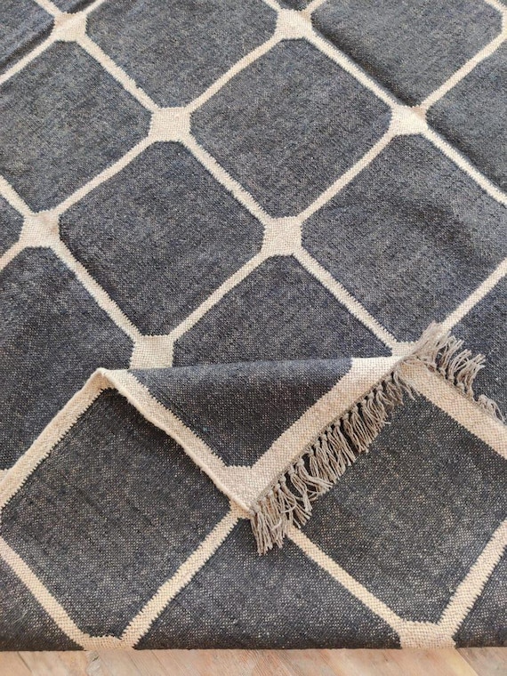 Charcoal Grey Checkered Flatweave Area Rug | Cream Grid Tile Kilim Carpet | Dark Slate Fringe Floor Mat | Scandinavian Minimalist Decor