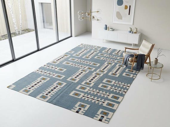 Sky Blue Geometric Flatweave Area Rug | Ivory & Slate Architectural Kilim Carpet | Modern Floor Mat | Minimalist Scandinavian Living Decor