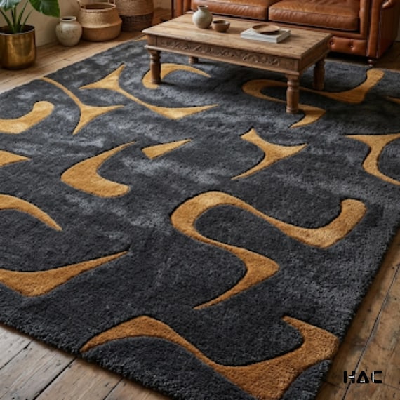 Retro Abstract Hand Tufted Rug | 8x10ft Charcoal Grey and Mustard Yellow Area Rug | Modern Geometric Thick Pile Carpet | Custom Living Room