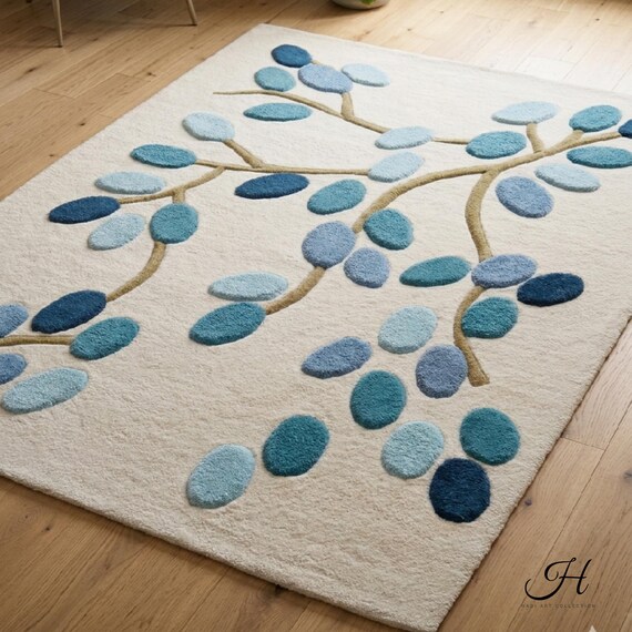 9x12ft Tufted Botanical Rug | Blue Leaf 3D Textured Area Rug | Modern Cream & Navy Abstract Carpet for Living Room | Custom Size Tufted Rug