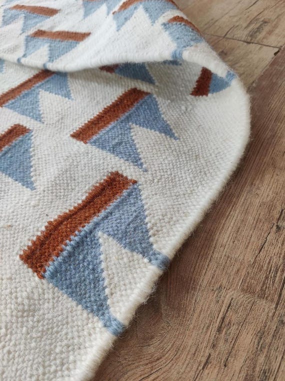 Blue Terracotta Geometric Flatweave Area Rug | Cream Modern Flag Motif Kilim Carpet | Mid Century Floor Mat | Scandinavian Room Decor