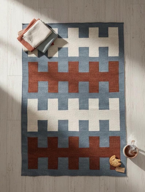 Blue Terracotta Geometric Flatweave Area Rug | Ivory Block Pattern Kilim Carpet | Slate Blue Floor Mat  Mid Century Modern Living Room Decor
