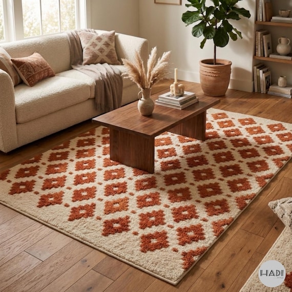8x10 Terracotta Geometric Area Rug, Hand-Tufted Moroccan Style Boho Rug, Custom Size Orange & Cream Plush Shag Rug for Living Room, Bedroom