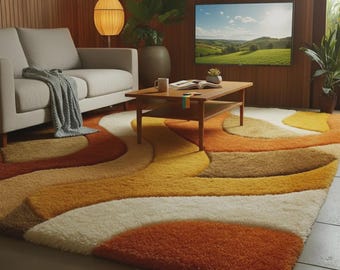 Retro Wavy Rug | Mid Century Modern Tufted Carpet | Handmade Wool Shag Area Rug | Warm Orange Mustard Cream Decor | Vintage Style Teppich