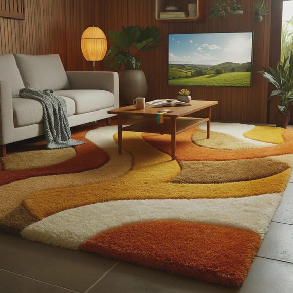 Retro Wavy Rug | Mid Century Modern Tufted Carpet | Handmade Wool Shag Area Rug | Warm Orange Mustard Cream Decor | Vintage Style Teppich
