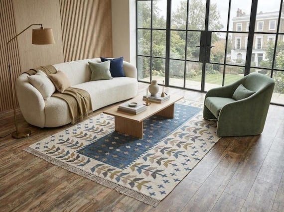 Blue Geometric Leaf Border Flatweave Area Rug | Cream Floral Botanical Kilim Carpet | Fringe Floor Mat  Southwestern Scandinavian Room Decor