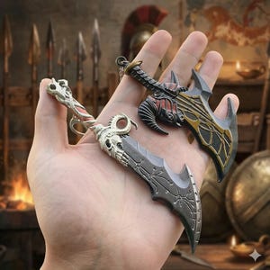 Könnte beinhalten: Drei Miniatur-Fantasy-Schwerter und -Dolche mit aufwendigen Designs. Eines hat einen Schädelgriff, ein anderes ein gehörntes Design und das dritte eine Klinge mit einem dekorativen Muster. Die Klingen sind silber- und schwarzfarben mit goldenen und roten Akzenten.