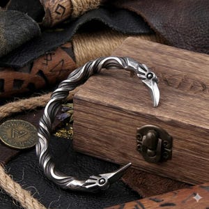 Viking Raven Bracelet for Men – Norse Stainless Steel Cuff Wristband, Nordic Jewelry, Boyfriend Gift, Christmas Gift with Wooden Box