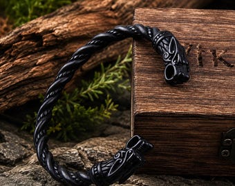 Wikinger Drache Armband für Männer, Schwarz Edelstahl Armreif, Nordisches Armband, Wikinger Schmuck Geschenk mit Holzbox