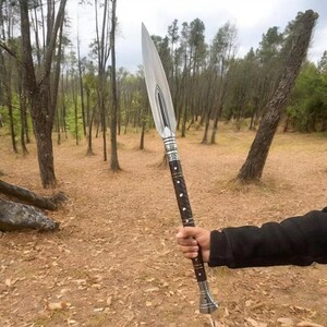 May include: A spear with a polished silver blade and a dark brown handle with white accents. The handle has a textured grip and is held in front of a forest background.