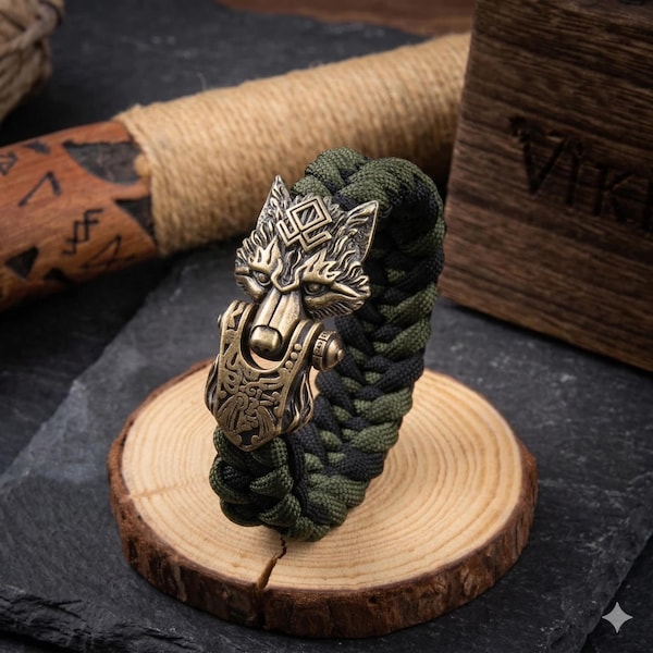 Viking Wolf Bracelet, Men’s Handmade Cord Bracelet, Punk Biker Jewelry, Rock Style Beaded Bracelet, Norse Wolf Accessory
