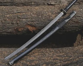 Hand-Forged Damascus Katana Sword: Samurai Collectible with Black Scabbard and Tsuba Detailing, Full Tang Long Sword Handmade Blade for gift