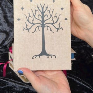 May include: A book with a beige cover featuring a gray tree design and stars. The book is held by hands with blue nail polish. Other books with pink ribbons are visible.