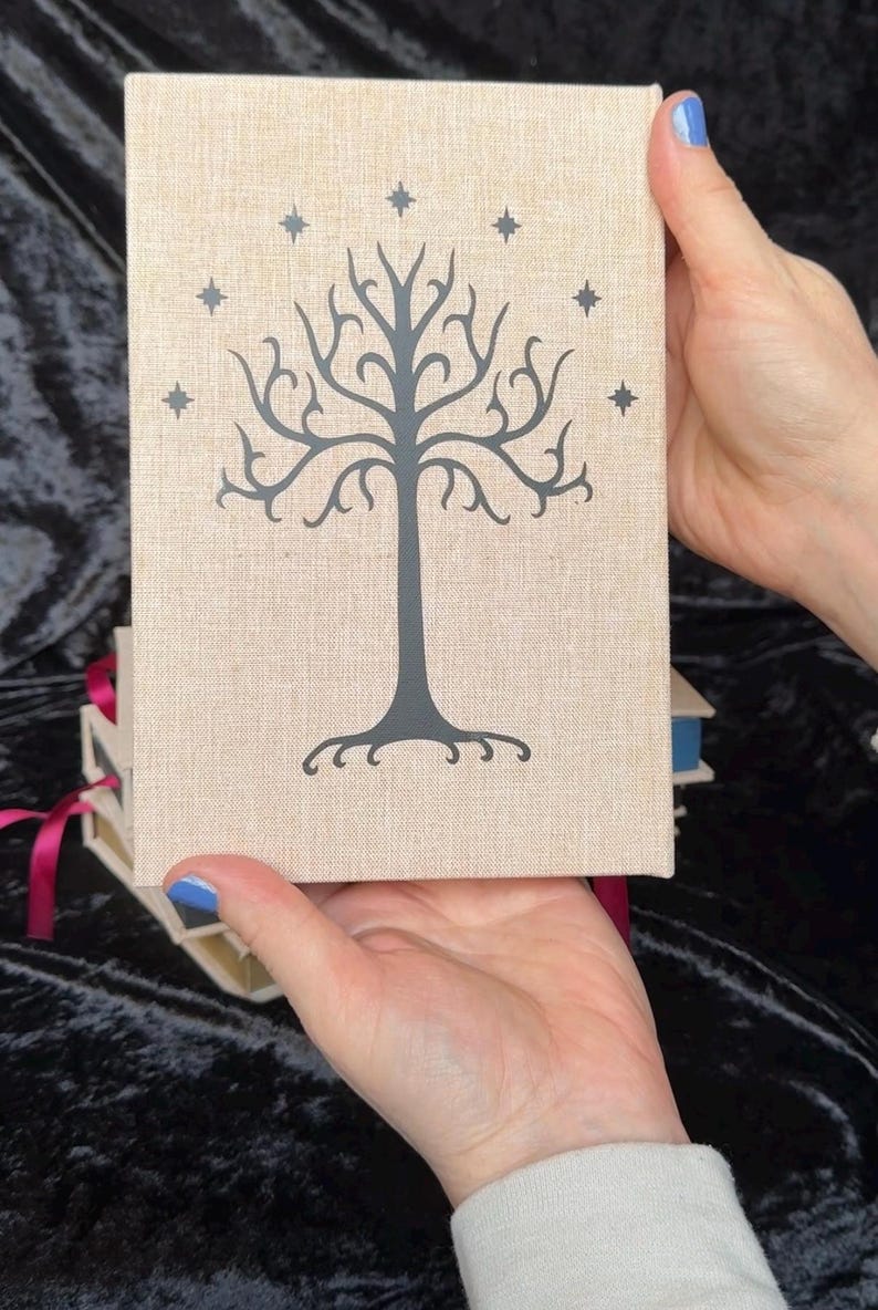 May include: A book with a beige cover featuring a gray tree design and stars. The book is held by hands with blue nail polish. Other books with pink ribbons are visible.