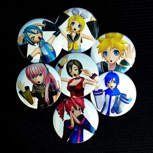 May include: A collection of seven round pinback buttons featuring anime-style characters with vibrant hair and clothing. Each button displays a different character in various poses, with a white background.