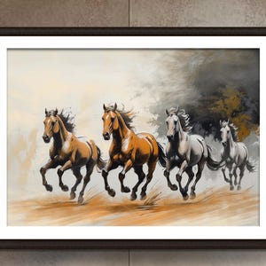 Rennende paarden houtskoolschets, expressieve wild paard kunst aan de muur, paard schilderij, 4 rennende paarden, digitale print, paardensport wanddecoratie,