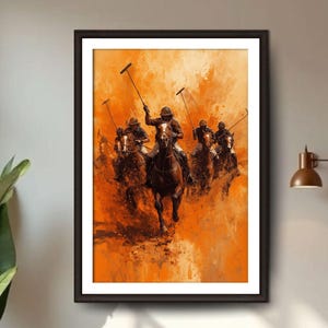Blaze of Valor, Semi Abstract Polo Match, Horses & Riders in Motion, Modern Acrylic Wall Art, Harmonized Canvas Décor, Digital Download