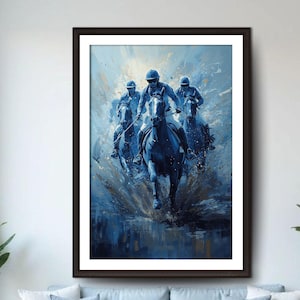 Polo Power in Blue Motion, Semi Abstract Acrylic Painting of Horse & Rider Speed, Sports Art Décor, Powerful Horse Racing Canvas for Home