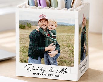 Portalápices personalizado con foto de papá y yo, hecho con bloques de construcción. Regalo del Día del Padre de parte de los niños. Regalo para papá primerizo.