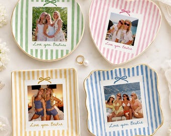 Personalized Bestie Photo Jewelry Dish, Ceramic Trinket Tray for Best Friend, Bestie Striped Ring Dish, Birthday Gifts For Bestie