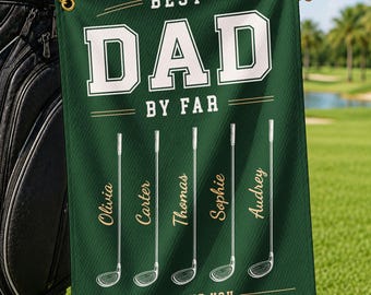 Personalized Golf Towel for Dad With Kids Names, Best Dad By Par, Custom Name Golf Gift, Father’s Day Golf Lover Gift for Him