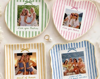 Personalized Bestie Photo Jewelry Dish, Ceramic Trinket Tray for Best Friend, Bestie Striped Ring Dish, Birthday Gifts For Bestie
