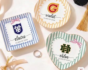 Personalized University College Logo Jewelry Dish, Graduation University Ring Dish, Class Of 2026 Ceramic Trinket Tray, Graduation Dish