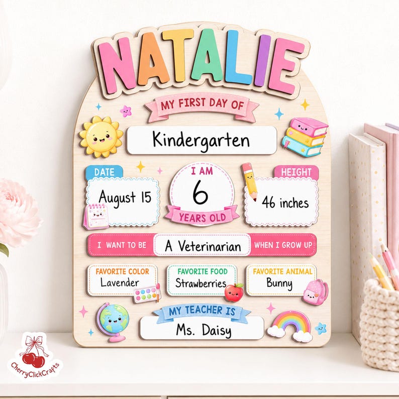 May include: A wooden sign for the first day of school featuring the name Natalie in colorful letters. It includes sections for date, age, height of 46 inches, career goal, favorite color, food, animal, and teacher name, decorated with cute icons.