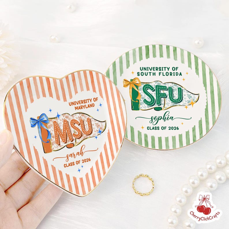 Custom School Pennant Flag Ring Dish, Class of 2026 Jewelry Tray, College Graduation Gift, University Spirit Striped Dish, Senior Night Gift image 7