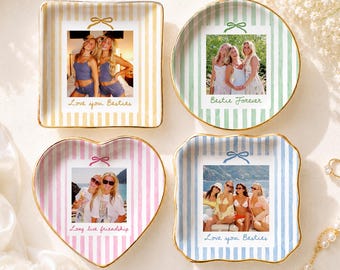 Personalized Bestie Photo Jewelry Dish, Ceramic Trinket Tray for Friend, Striped Bestie Ring Dish, Birthday Gifts For Her, Bridesmaid Gift