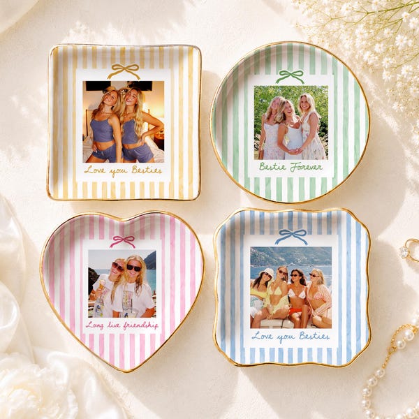 Personalized Bestie Photo Jewelry Dish, Ceramic Trinket Tray for Friend, Striped Bestie Ring Dish, Birthday Gifts For Her, Bridesmaid Gift