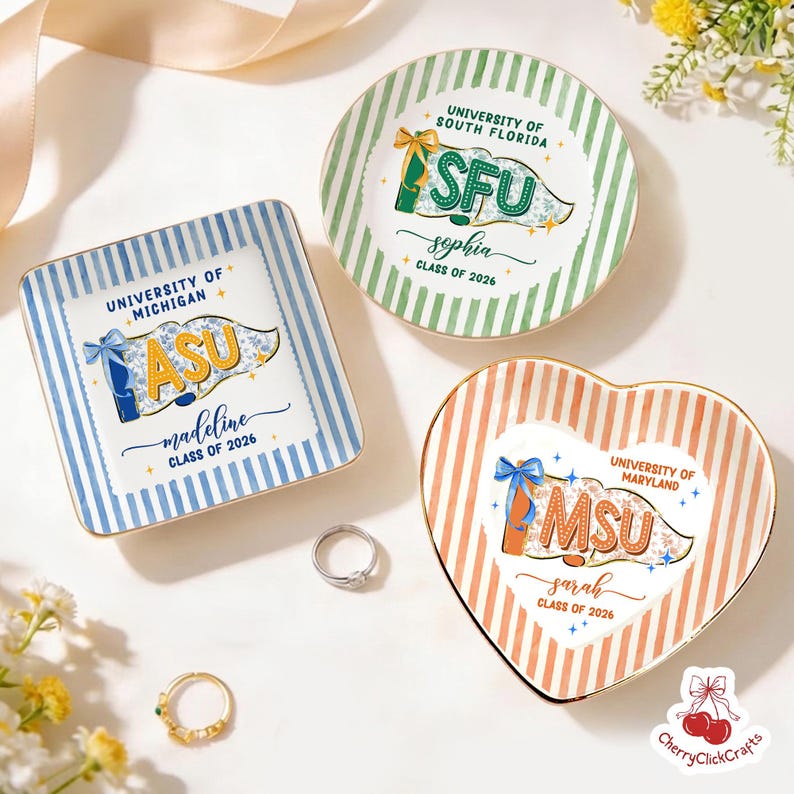 Custom School Pennant Flag Ring Dish, Class of 2026 Jewelry Tray, College Graduation Gift, University Spirit Striped Dish, Senior Night Gift image 1
