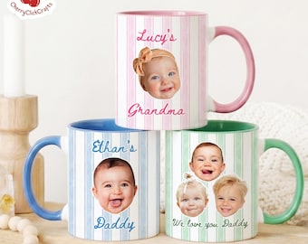 Custom Baby Face Photo Mug, Stripe Baby Picture Cup, Fathers Day Gift for Husband, New Grandparents Mug Keepsake, New Mom Dad Coffee Gift