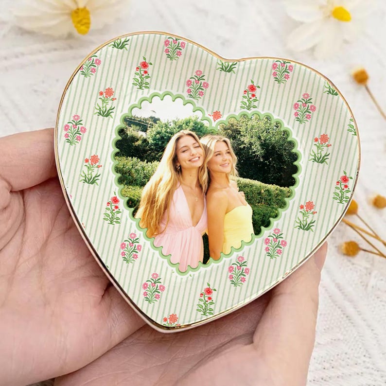 Plato para joyas personalizado con foto para tu mejor amiga, plato de cerámica para guardar objetos pequeños, soporte para anillos con estampado floral a rayas para tu mejor amiga, regalo para ella. imagen 6