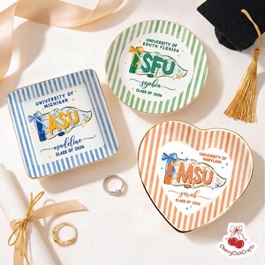 Custom School Pennant Flag Ring Dish, Class of 2026 Jewelry Tray, College Graduation Gift, University Spirit Striped Dish, Senior Night Gift image 5