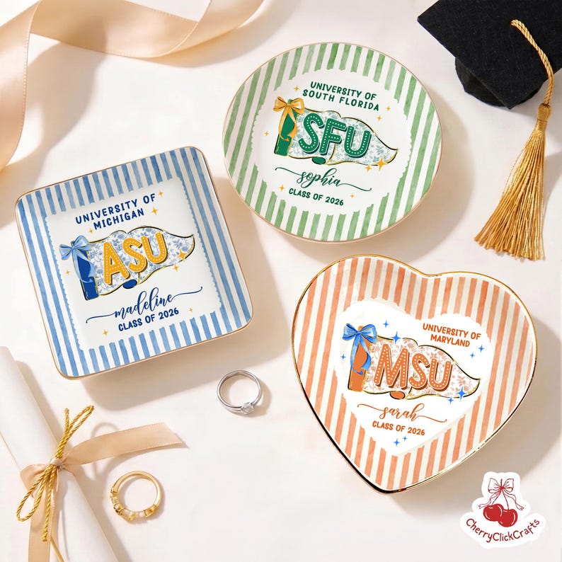 Custom School Pennant Flag Ring Dish, Class of 2026 Jewelry Tray, College Graduation Gift, University Spirit Striped Dish, Senior Night Gift image 5