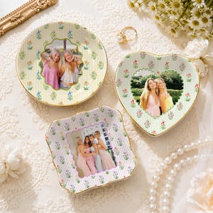 Plato para joyas personalizado con foto para tu mejor amiga, plato de cerámica para guardar objetos pequeños, soporte para anillos con estampado floral a rayas para tu mejor amiga, regalo para ella. imagen 7