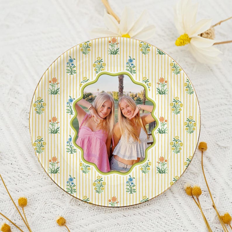 Plato para joyas personalizado con foto para tu mejor amiga, plato de cerámica para guardar objetos pequeños, soporte para anillos con estampado floral a rayas para tu mejor amiga, regalo para ella. imagen 8