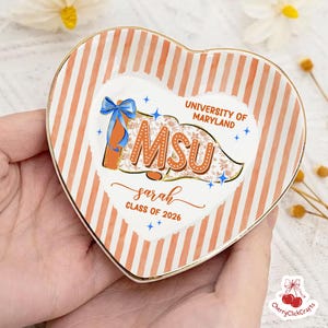 Custom School Pennant Flag Ring Dish, Class of 2026 Jewelry Tray, College Graduation Gift, University Spirit Striped Dish, Senior Night Gift image 3