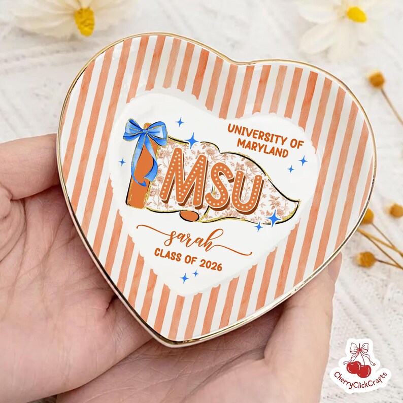 Custom School Pennant Flag Ring Dish, Class of 2026 Jewelry Tray, College Graduation Gift, University Spirit Striped Dish, Senior Night Gift image 3