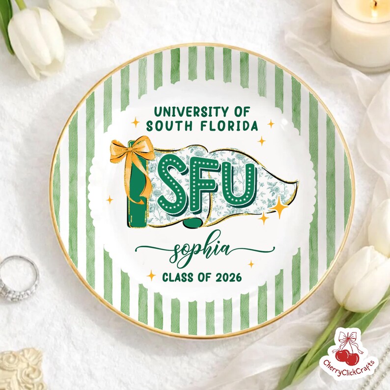 Custom School Pennant Flag Ring Dish, Class of 2026 Jewelry Tray, College Graduation Gift, University Spirit Striped Dish, Senior Night Gift image 2