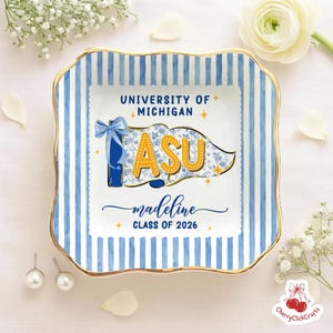 Custom School Pennant Flag Ring Dish, Class of 2026 Jewelry Tray, College Graduation Gift, University Spirit Striped Dish, Senior Night Gift image 4