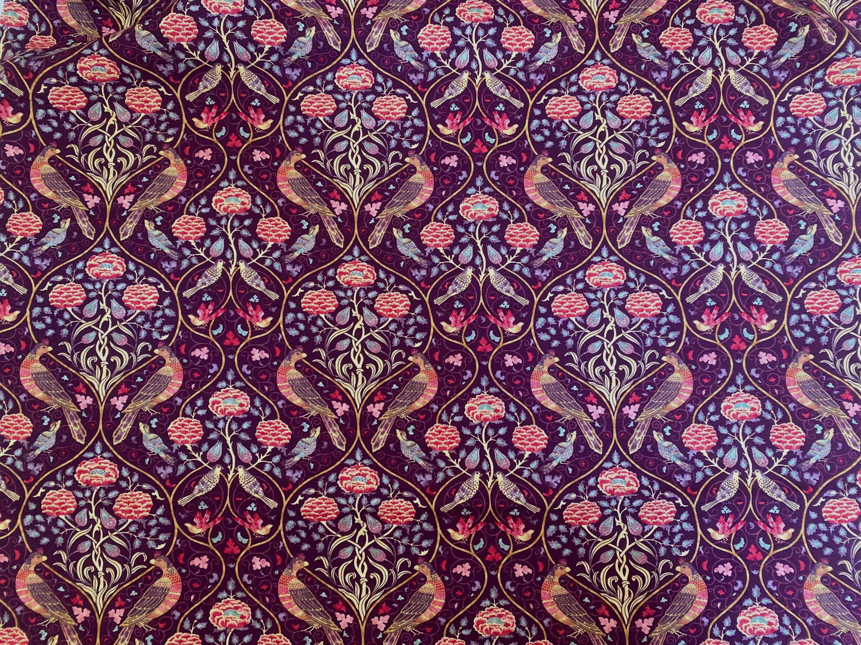 William Morris Bird Tapestry Emery Walker's Red House 100% Cotton Fabric in Maroon. By the meter, fat quarter
